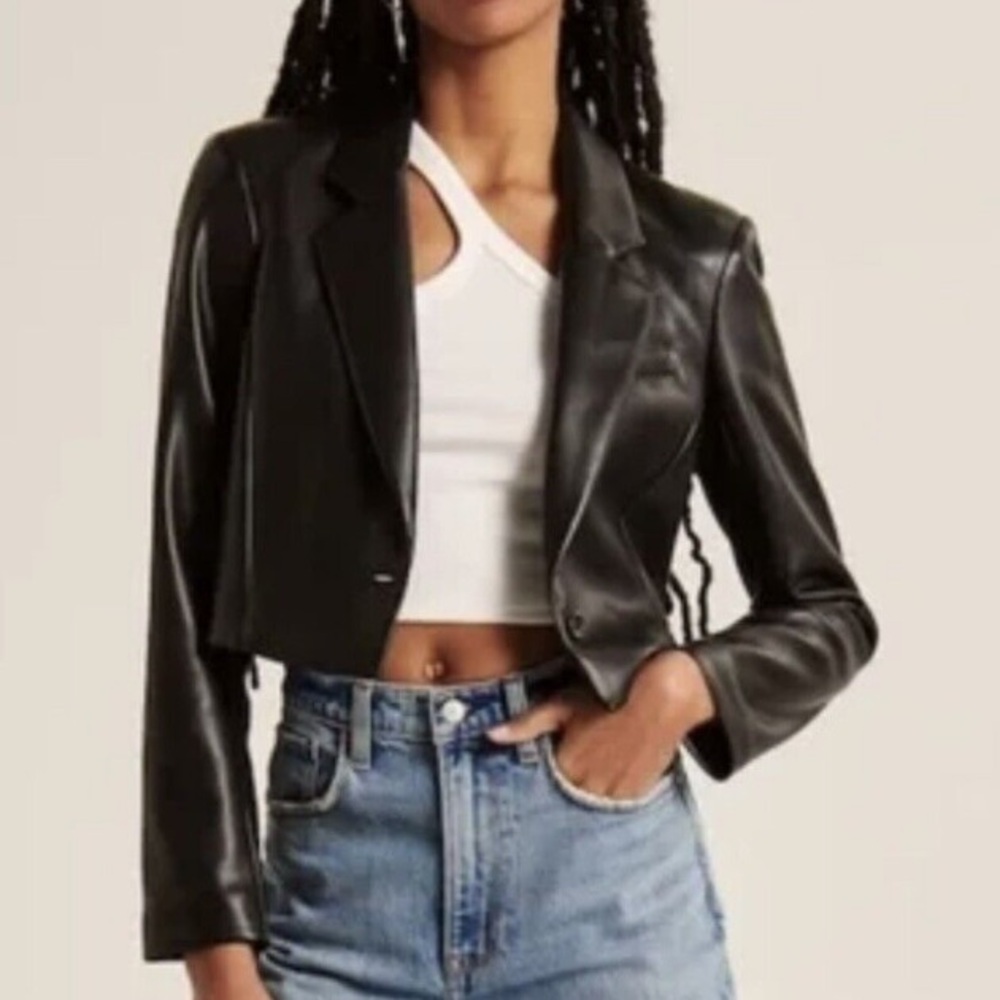 Black Vegan Leather Cropped Blazer